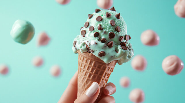 A hand holding a cone of mint chocolate chip ice cream topped with chocolate chips. The background is a light teal color with pink and white circular elements scattered throughout - Powered by Adobe