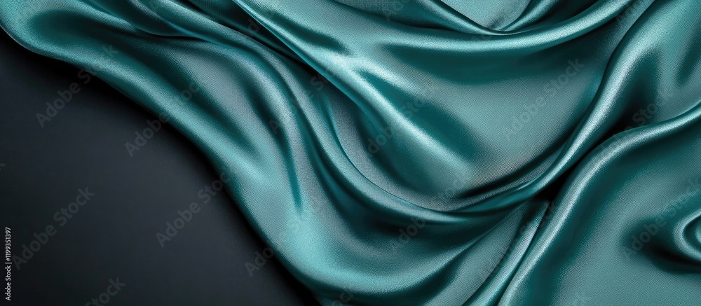 Poster teal silk fabric gracefully flowing on a dark background with smooth waves and ample empty copy spac