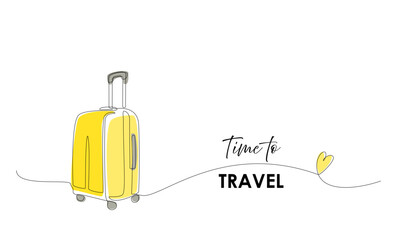 Continuous one line of suitcase with heart and lettering in linear art style. Single line drawing of yellow case, luggage bag with wheels isolated on white background Editable stroke vector object