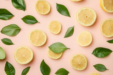 Flat lay of lemon slices and leaves on pink background.