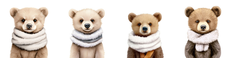 Obraz premium Cute bear cubs wearing fluffy scarves, showcasing their adorable expressions and playful nature
