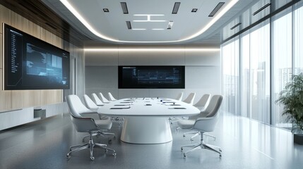 3D rendering of a futuristic command center conference room, featuring advanced technology and a cutting-edge design
