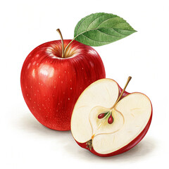 Red apple,red apple with slices and green leaves isolated on white background,Fresh red apples 