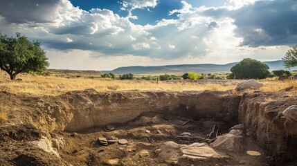 International Museum Day Archaeological dig site on sunny day in countryside landscape
