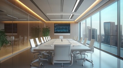3D rendering of a high-tech command center conference room, with a futuristic layout and modern design.