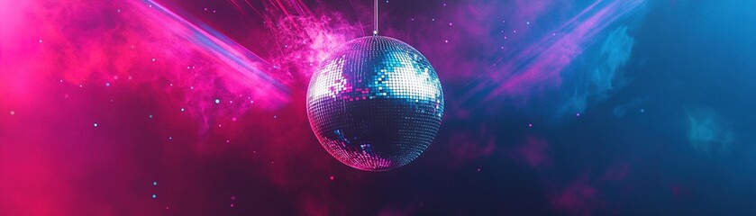 Obraz premium A shiny silver disco ball hangs at the center, casting colorful beams of light in pink, purple, and blue against a dark gradient backdrop, creating a lively and modern ambiance
