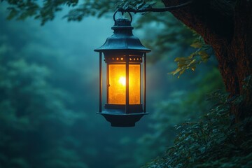 Luminous lantern hangs, dark forest night.