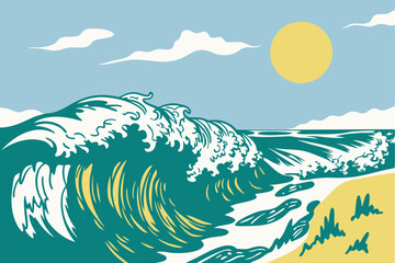 Sea waves, Vintage illustration of nature poster with sun