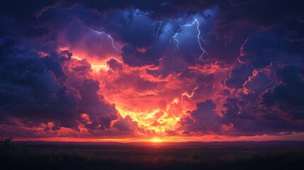 Fototapeta premium Dramatic lightning illuminates a vibrant sunset over a vast landscape during a stormy evening. Generative AI