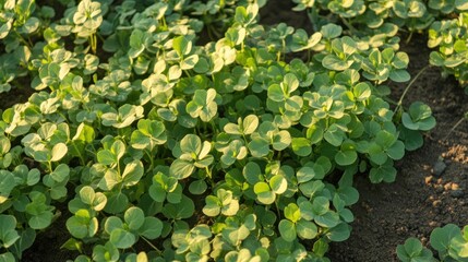 A close-up view of young clover plants growing in dark soil with sunlight