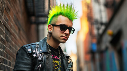 Young caucasian male with green mohawk and leather jacket in urban alleyway