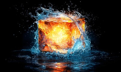 Fiery ice cube splashing in water.