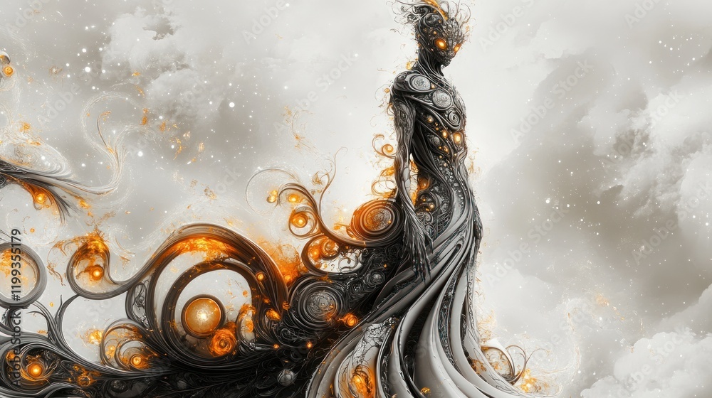 Poster mystical figure with intricate patterns and glowing elements in a surreal cloudy backdrop. generativ