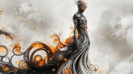 Mystical figure with intricate patterns and glowing elements in a surreal cloudy backdrop. Generative AI