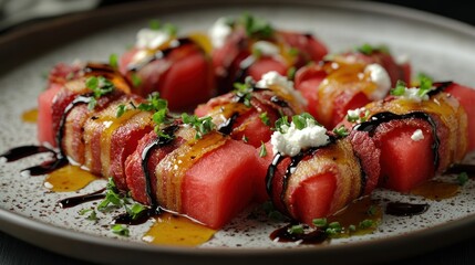 Watermelon and bacon salad served on a plate with balsamic drizzle and garnishes. Generative AI