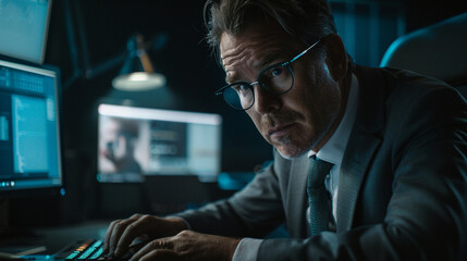 A cybercrime specialist types rapidly at a computer, tracking a hacker's digital footprint through encrypted files and hidden servers to uncover a trail.