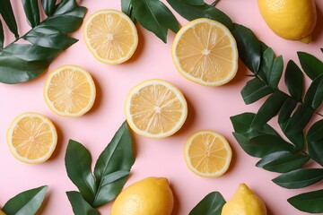 Flat lay of lemons and green leaves on pink background.