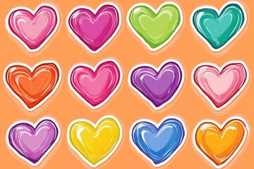 A collection of heart stickers features various colors and a clean white outline, ideal for Valentine's Day celebrations and expressing affection to loved ones