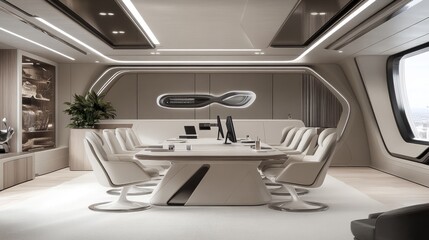 Fototapeta premium Futuristic command center conference room, 3D rendered with high-tech features and a sleek, modern aesthetic.