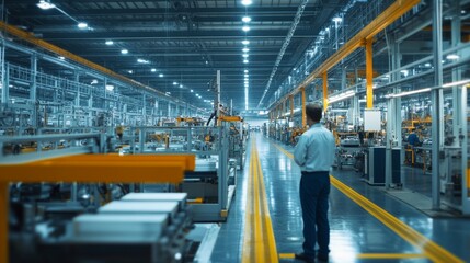 Fototapeta premium A production manager overseeing the manufacturing process on a factory floor, with assembly lines and workers in the background, Factory scene