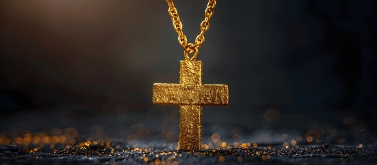 Glowing Gold Cross Pendant on Chain Against Dark Background