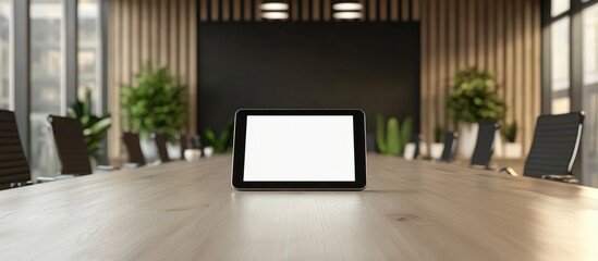 Modern Conference Room with Wooden Table Displaying Tablet Technology and Empty Copy Space for Text in Bright Interior with Greenery