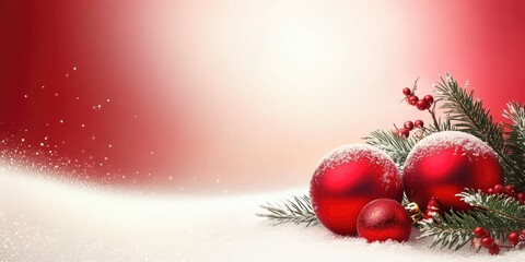 Festive Red and White Christmas Background Banner Featuring Snow-Dusted Red Baubles and Evergreen Branches with Copy Space for Text