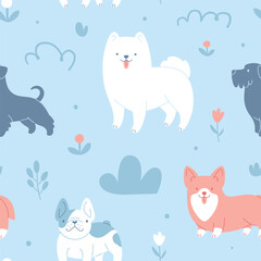 Cute dog on the lawn pattern. Cartoon seamless vector print with walking dogs and plants.