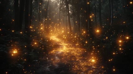 Fototapeta premium Glowing gold dust trail in mystical dark forest enchanting nature scene ethereal environment magical viewpoint