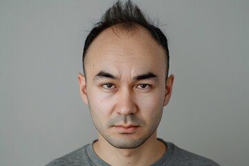 Fototapeta premium Portrait of a Man with Hair Loss Treatment Before and After on Light Grey Background