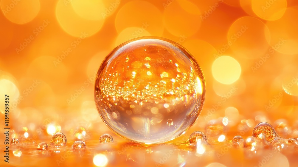 Poster warm orange bokeh background featuring shiny transparent sphere with circular lights creating a vint