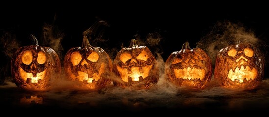 Carved Halloween pumpkins with spooky faces illuminated in orange light on a dark background, creating an eerie atmosphere for festive decoration