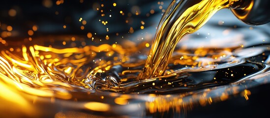 Engine oil flowing into an automotive engine through filler pipe, close-up view highlighting rich amber tones and smooth liquid surface.