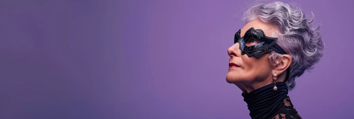 horizontal banner, portrait of an elegant elderly woman with short gray hair, fashion model in a black carnival mask, lilac purple background, violet, copy space, free space for text