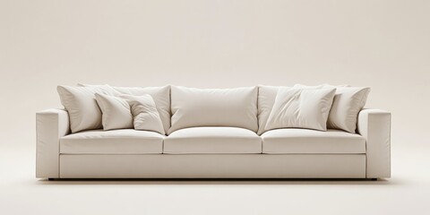 Modern minimalist cream sofa with plush cushions against a light neutral backdrop, featuring symmetrical design and ample copy space.