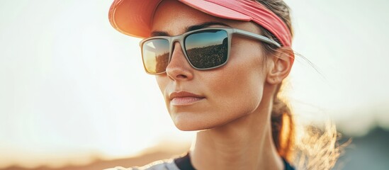 Fototapeta premium Female Athlete Portrait in Sunglasses at Sunset with Bright Background and Copyspace for Text in Outdoor Setting