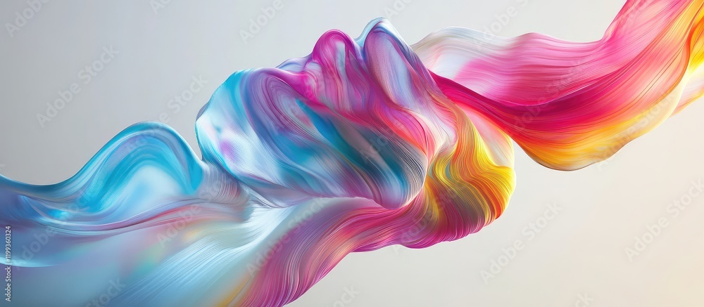 Poster dynamic fluid gradients in pink blue and yellow flowing ribbon layers on light background with empty