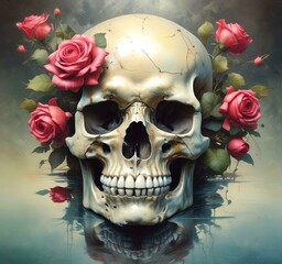 Illustration of human skull with roses.