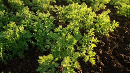 Rows of green leafy plants growing in rich brown soil illuminated by sunlight