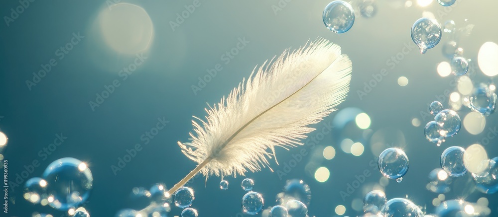 Poster delicate white feather immersed in soft turquoise bubbles, surrounded by a misty backdrop with ample