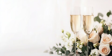 Stylish elegant wedding table dÃ©cor featuring two champagne flutes filled with sparkling champagne alongside a bouquet of pale pink roses and greenery in soft light