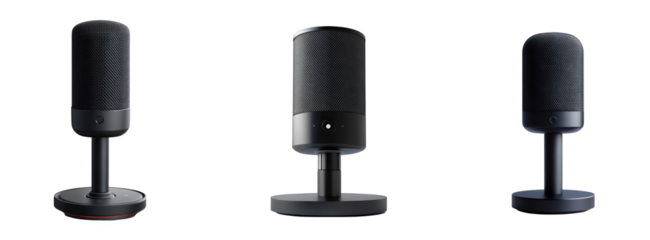 Three modern, sleek black microphones designed for professional audio recording in a minimalist style.