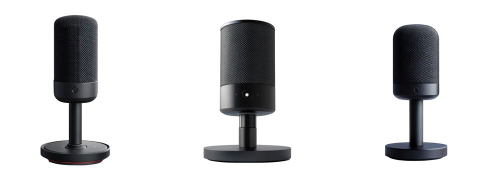 Three modern, sleek black microphones designed for professional audio recording in a minimalist style.