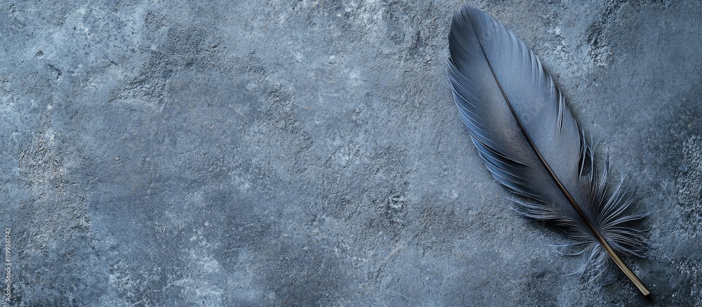 Poster soft focus macro close-up of delicate gray feather texture on dark gray background with ample empty 
