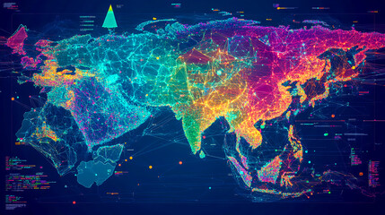 Digital map of Asia showcasing global network connectivity, data transfer, cyber technology, business exchanges, telecommunications, and information flow across the continent