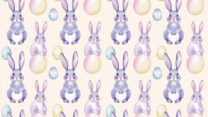 Fototapeta premium Seamless pattern featuring rabbits and pastel colored eggs in watercolor style, perfect for spring themes and festive decorations