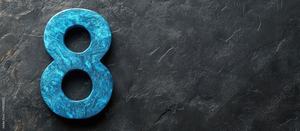 Poster french blue marble number 8 on textured black background with empty space for custom text and design