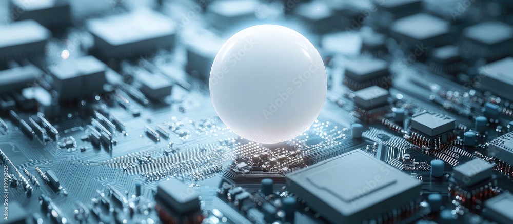 Fototapete Glowing white sphere emerging from intricate blue and silver computer circuitry with ample copy space for text and digital technology themes.