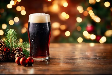 Frosty dark beer glass with condensation on a wooden bar counter with bokeh lights for warm ambiance