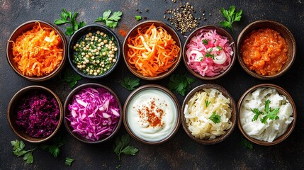 Colorful arrangement of probiotic-rich fermented foods like yogurt, kimchi, sauerkraut, and kefir, emphasizing digestive health benefits
